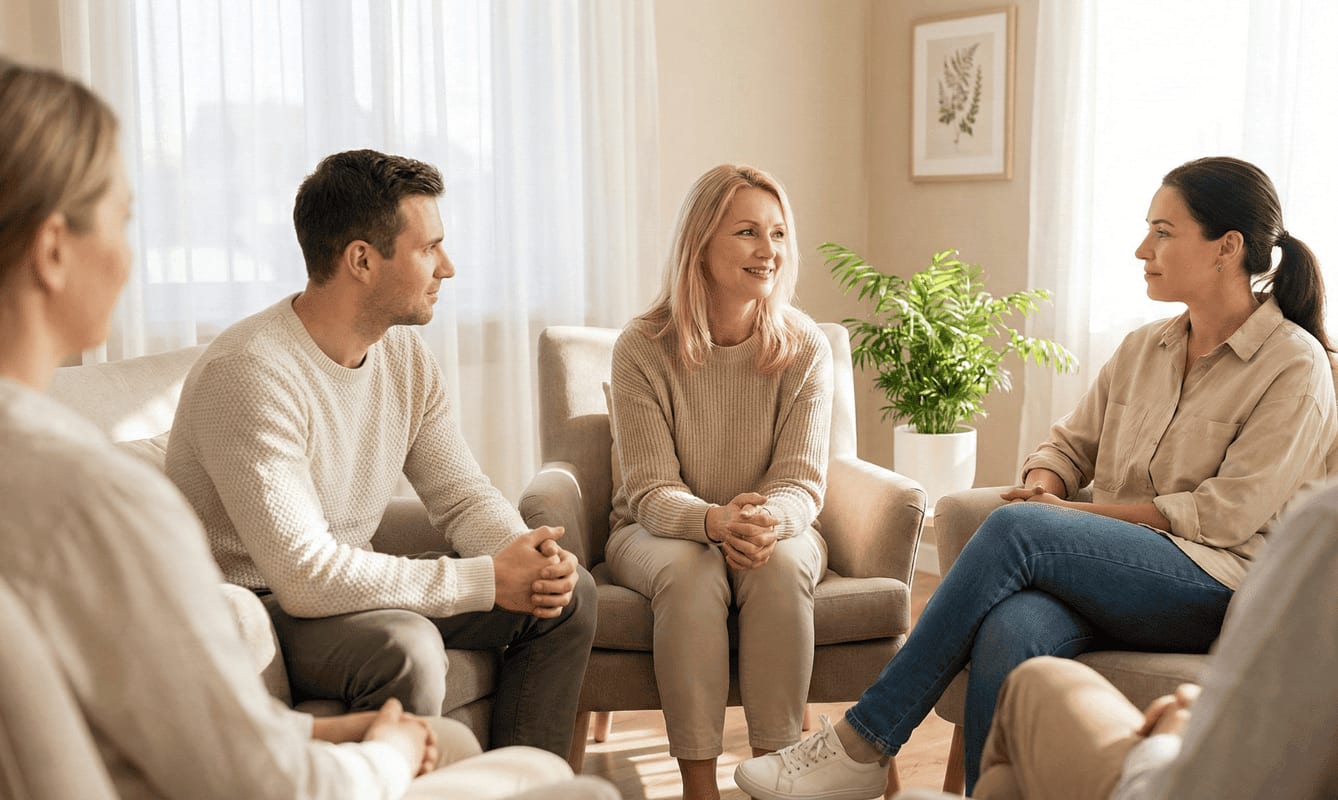Small group of adults in calm therapy session seated in circle