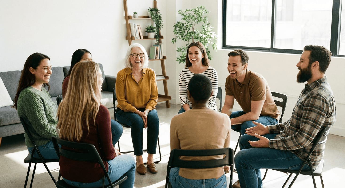 Diverse adults laughing together in a circle during a group therapy session