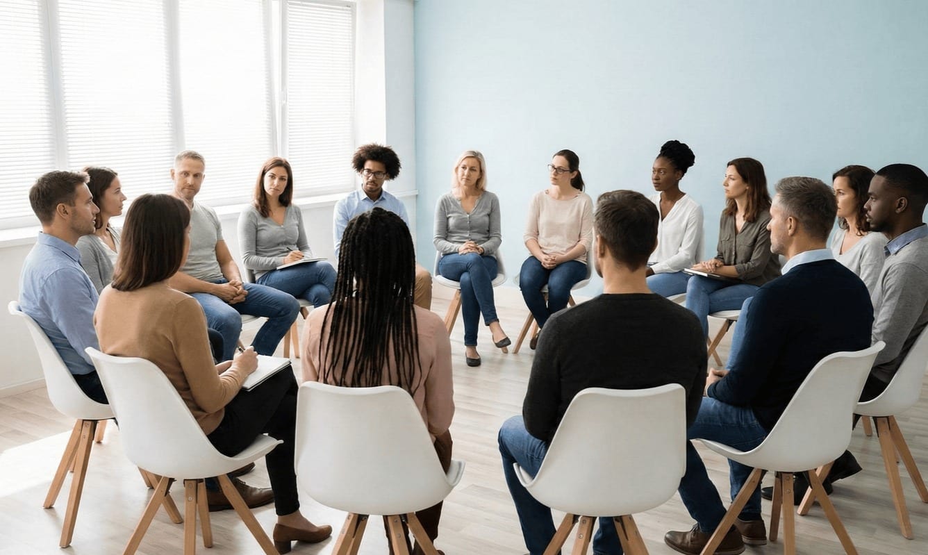 Diverse adults sitting in a circle during a group therapy session