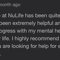 Partial patient review praising NuLife mental health treatment progress