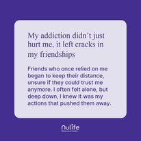 Text quote about addiction damaging trust and friendships on purple background