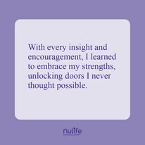 Motivational quote about embracing strengths on purple background with Nulife logo