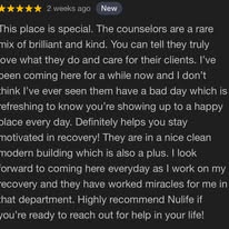 Five-star Google review praising Nulife counselors and recovery support