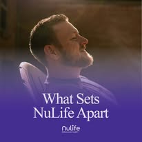 Bearded man looking upward with calm expression, NuLife branding overlay