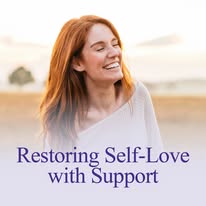 Smiling woman with red hair eyes closed outdoors in soft light