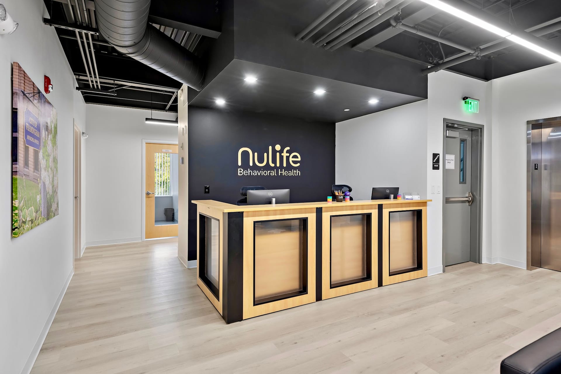 Modern reception desk at Nulife Behavioral Health office in Framingham Massachusetts