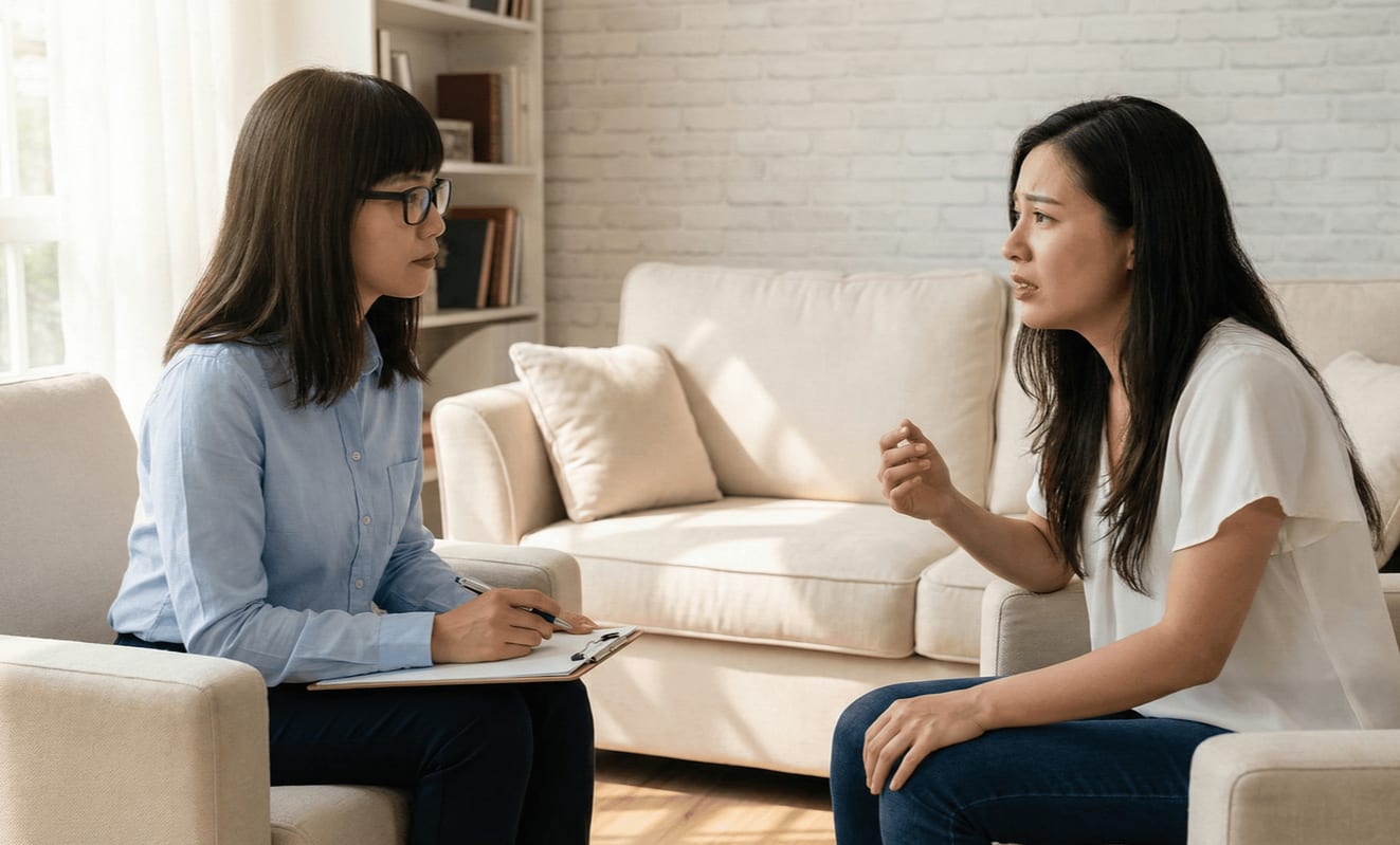 Woman speaking with a therapist holding a clipboard during a counseling session.